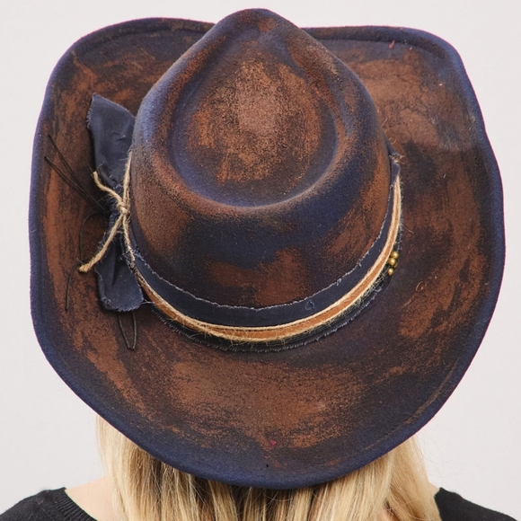 Blue Boho Western Rustic Fabric Band Cowboy Hat Brim Womens Statement Accessory - Picture 3 of 6